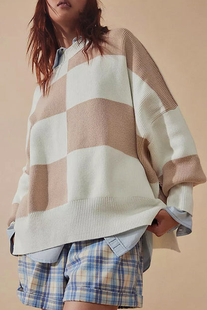 Khaki Checkered Side Slits Drop Shoulder Oversized Sweater