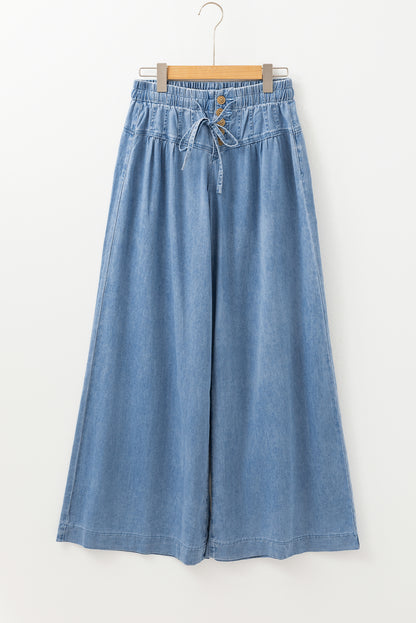 Beau Blue Mineral Wash Button Fly Waist Wide Leg Jeans