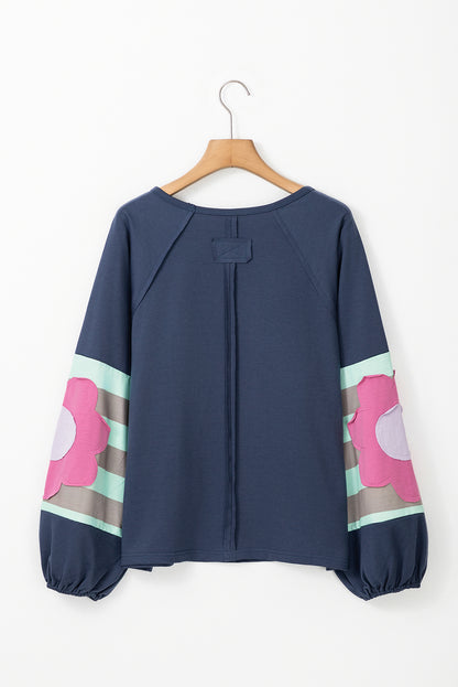 Sail Blue Flower Patchwork Raglan Sleeve Exposed Seam Oversized Top