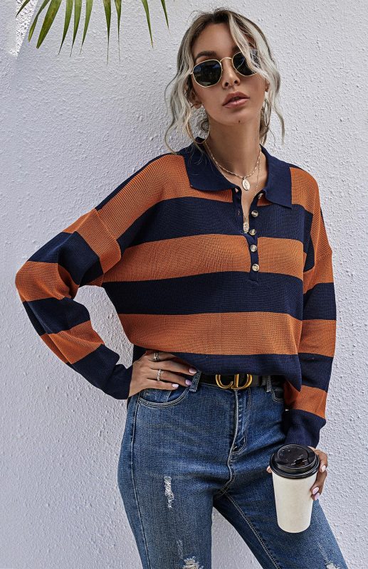 Women's Autumn Fashion Orange Striped Pullover Sweatshirt