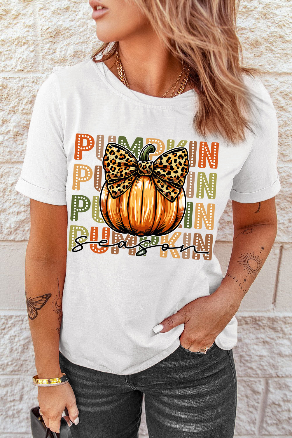 White PUMPKIN Season Leopard Bow Print Crew Neck T-Shirt