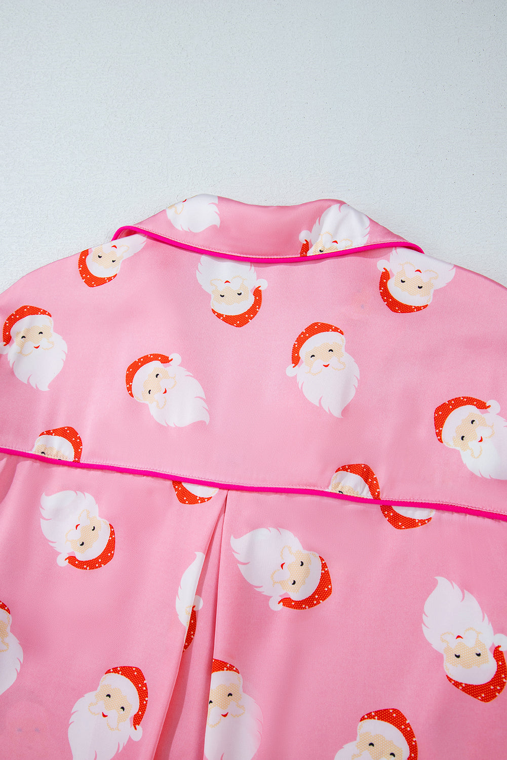 Pink Christmas Santa Claus Print Satin Shirt and Shorts Set