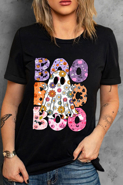 Black BOO Floral Ghost Print Crew Neck Halloween T-Shirt