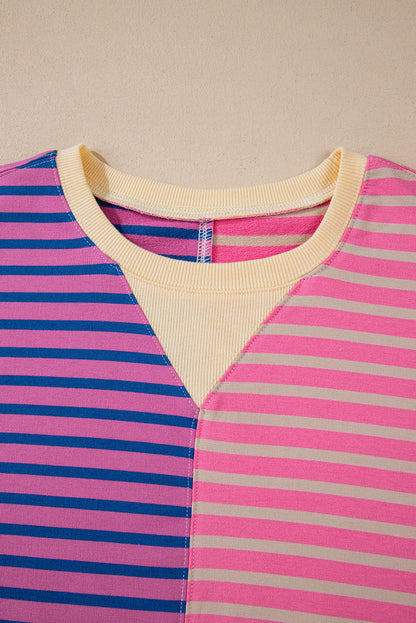 Pink Stripe Colorblock Drop Shoulder Oversize Sweatshirt