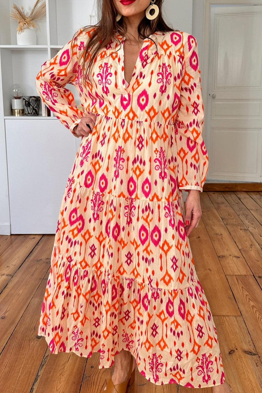 Orange Western Abstract Geometric Printed Maxi Dress