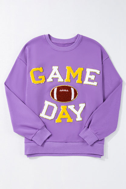 Tillandsia Purple GAME DAY Rugby Chenille Embroidered Pullover Sweatshirt