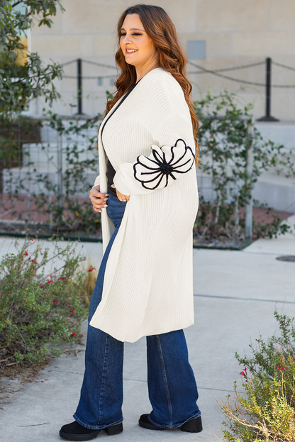 Beige Flower Embroidered Drop Shoulder Open Front Duster Cardigan