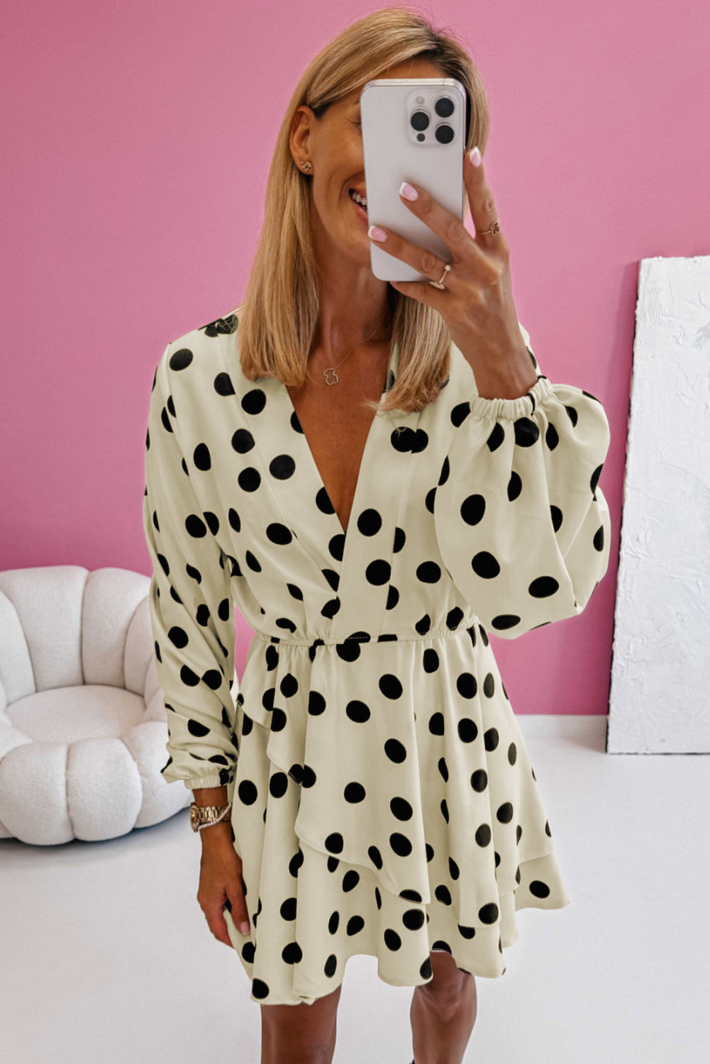 Beige Polka Dot Printed Surplice V-Neck Puff Sleeve Mini Dress