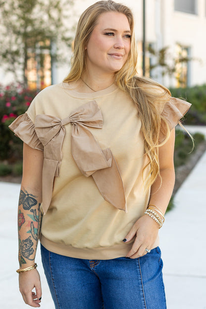 Parchment Ruffled Short Sleeve Bowknot Applique Crew Neck Plus Size Top