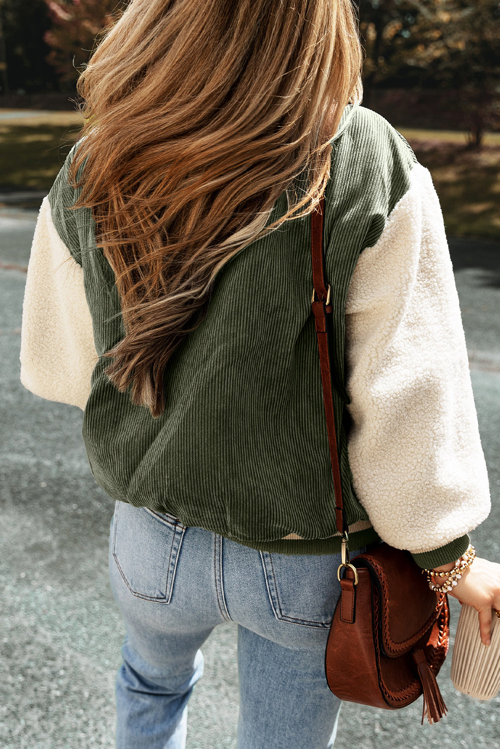 Mist Green Corduroy Fleece Patchwork Buttoned Bomber Jacket