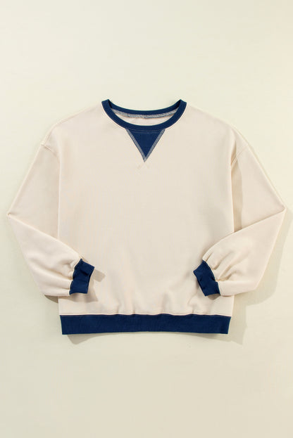 White Color Block Patch Drop Shoulder Oversized Sweatshirt