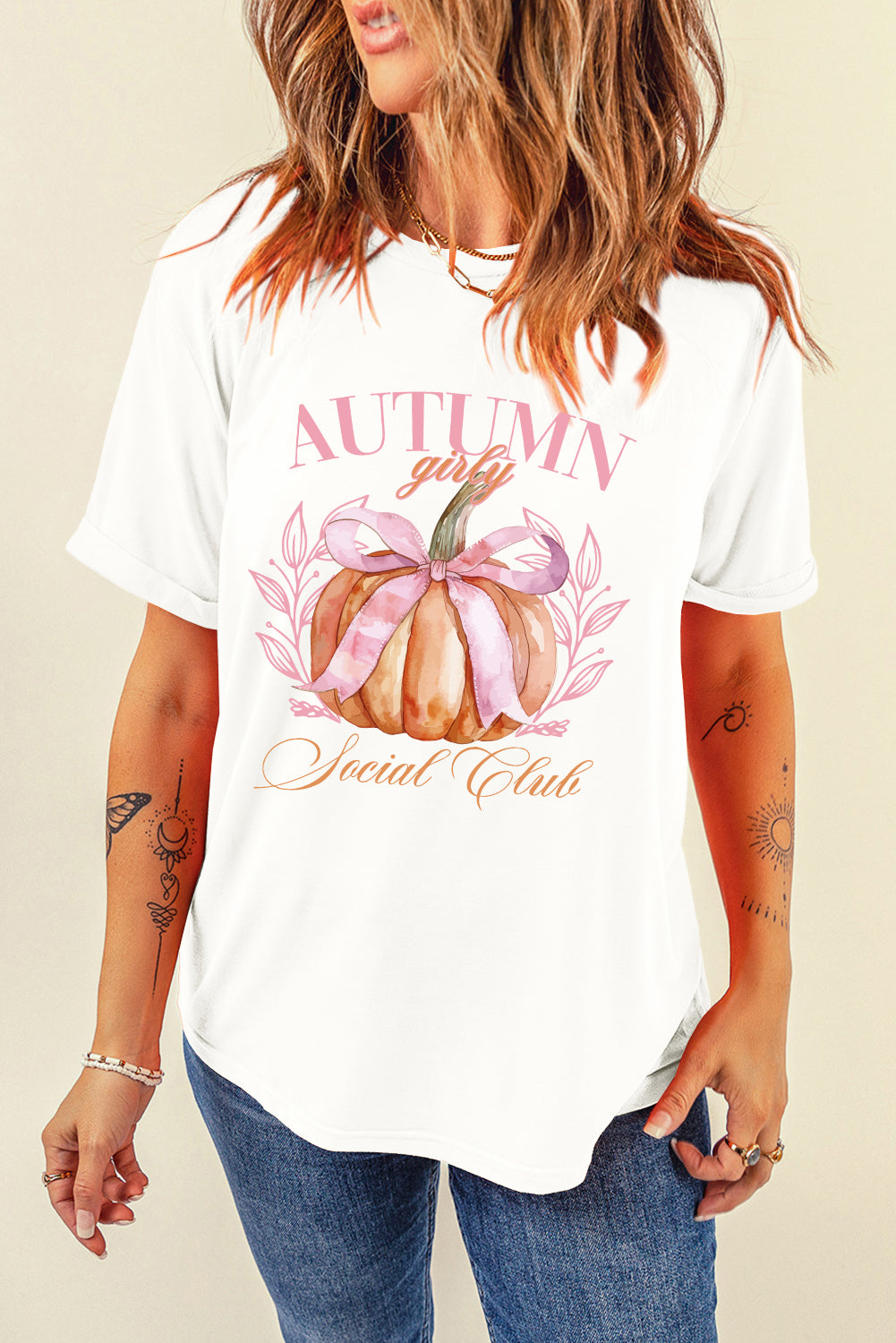 White Autumn Girly Thanksgiving Bowknot Pumpkin Graphic T Shirt