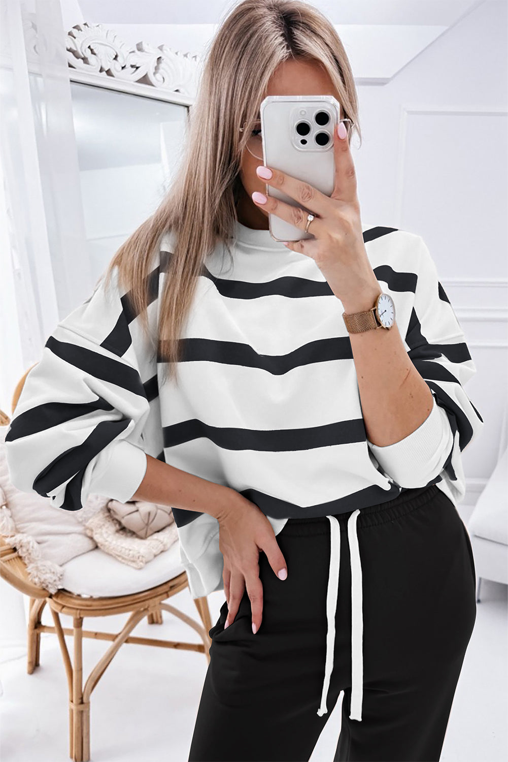 Black Stripe Drop Shoulder Pullover and Jogger Pants Set