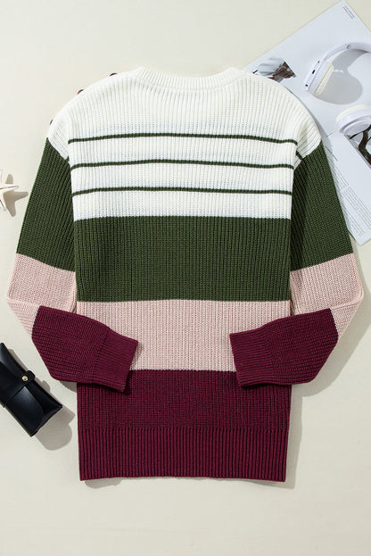 Green Color Block Striped Buttoned Shoulder Split Sweater