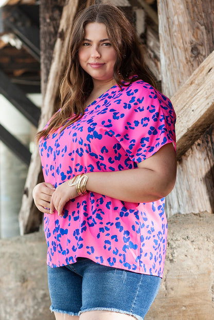 Rose Contrast Leopard Print Plus Size V Neck Blouse