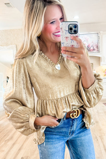 Gold Metallic Frilled V-Neck Puff Sleeve Babydoll Blouse