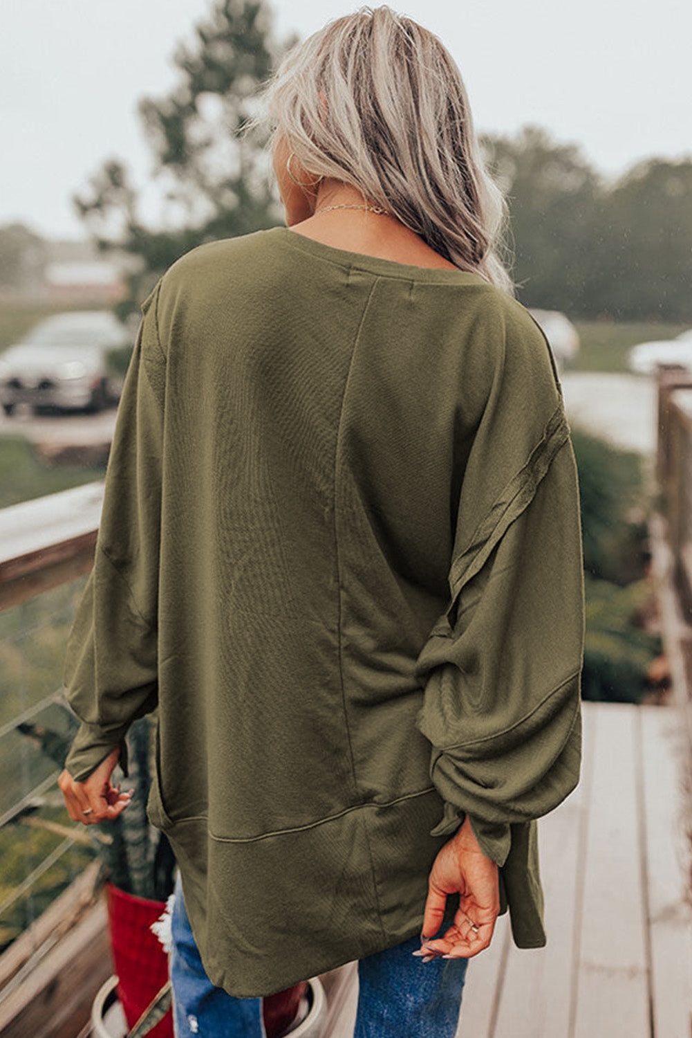 Green Patchwork Drop Shoulder Oversized Top