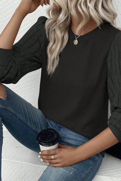 Black Contrast Ribbed Bishop Sleeve Top