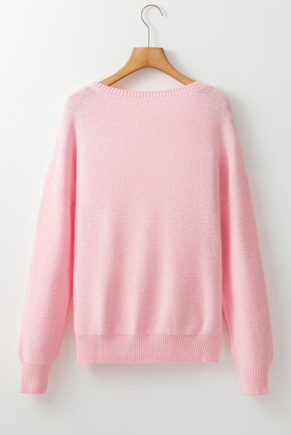 Pink Knitted Flower Pattern Ribbed Edge Sweater