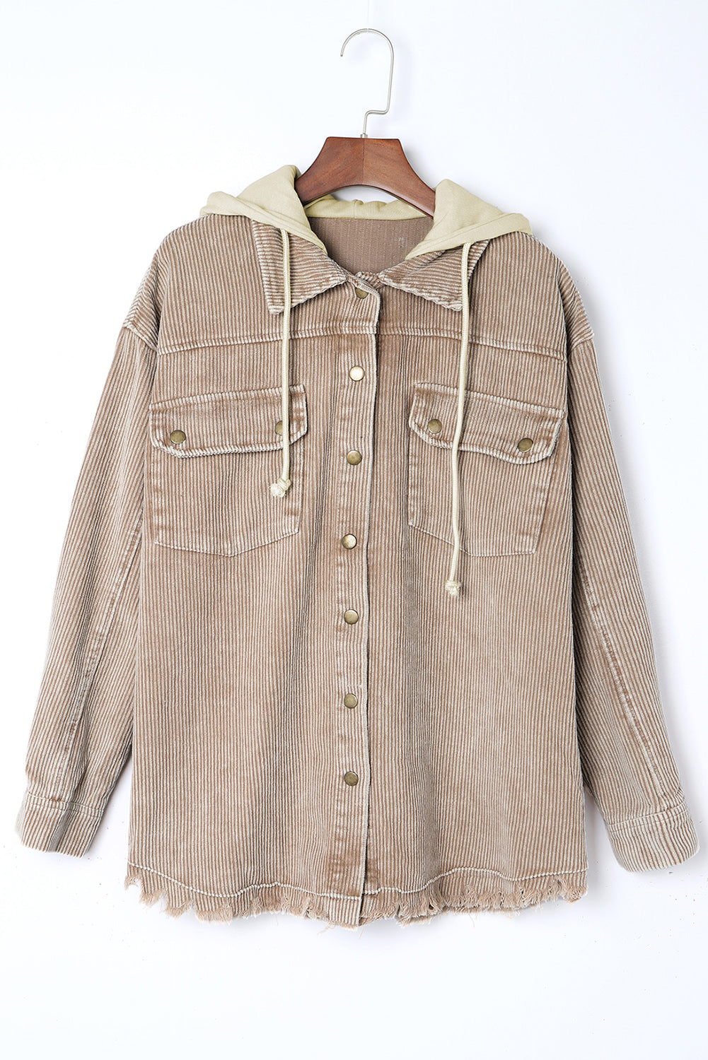 Khaki Patchwork Hooded Corduroy Shacket