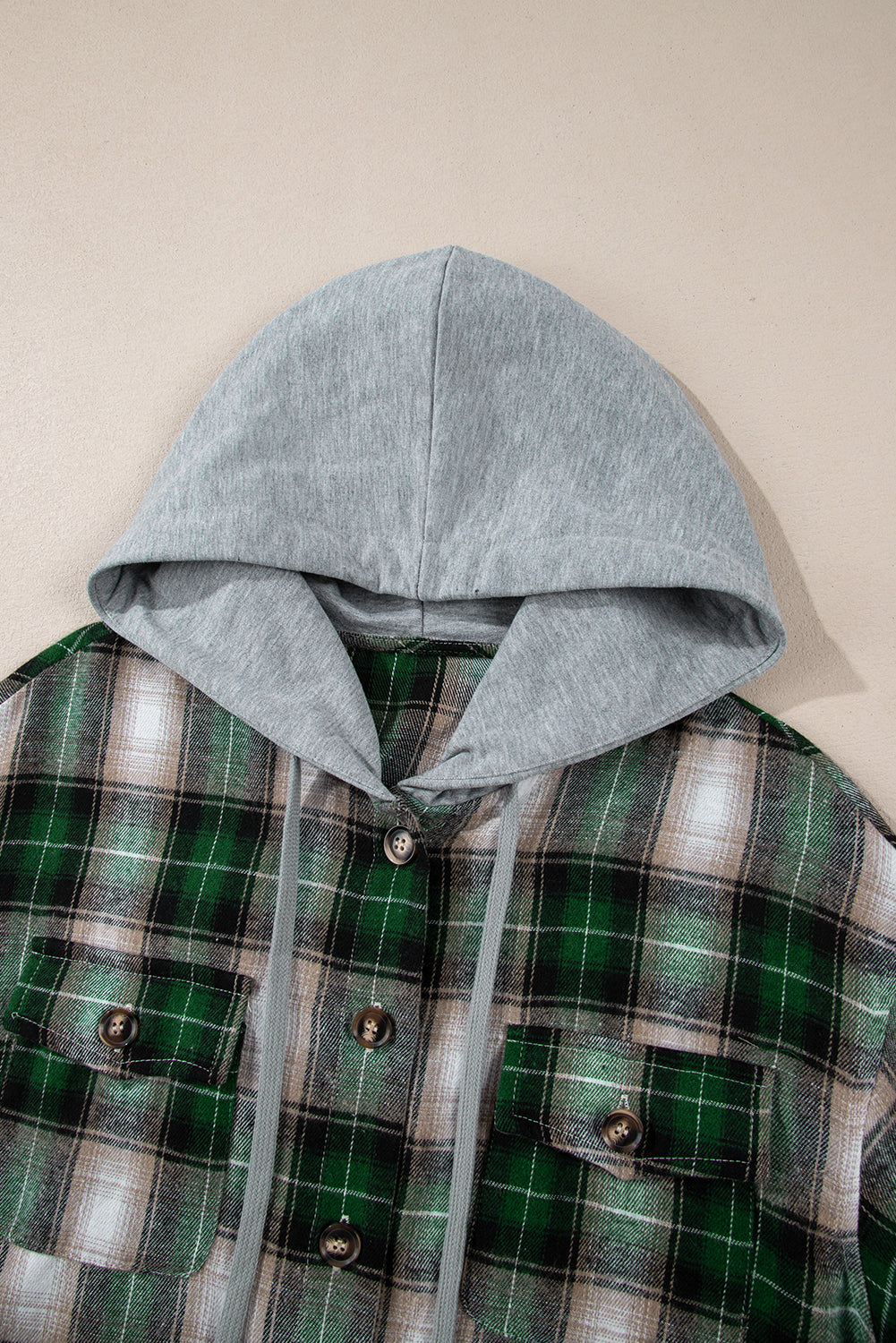 Green Plaid Print Chest Pocket Buttoned Hooded Shacket