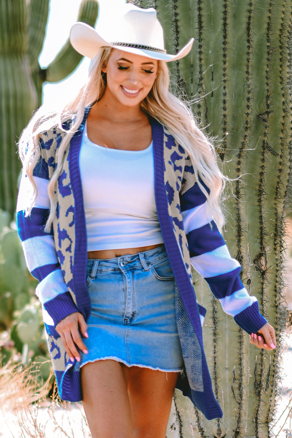 Dark Blue Stripe Sleeve Leopard Print Open Front Cardigan With Pockets