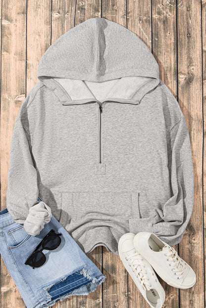 Light Grey Solid Kangaroo Pocket Half Zipper Oversized Hoodie