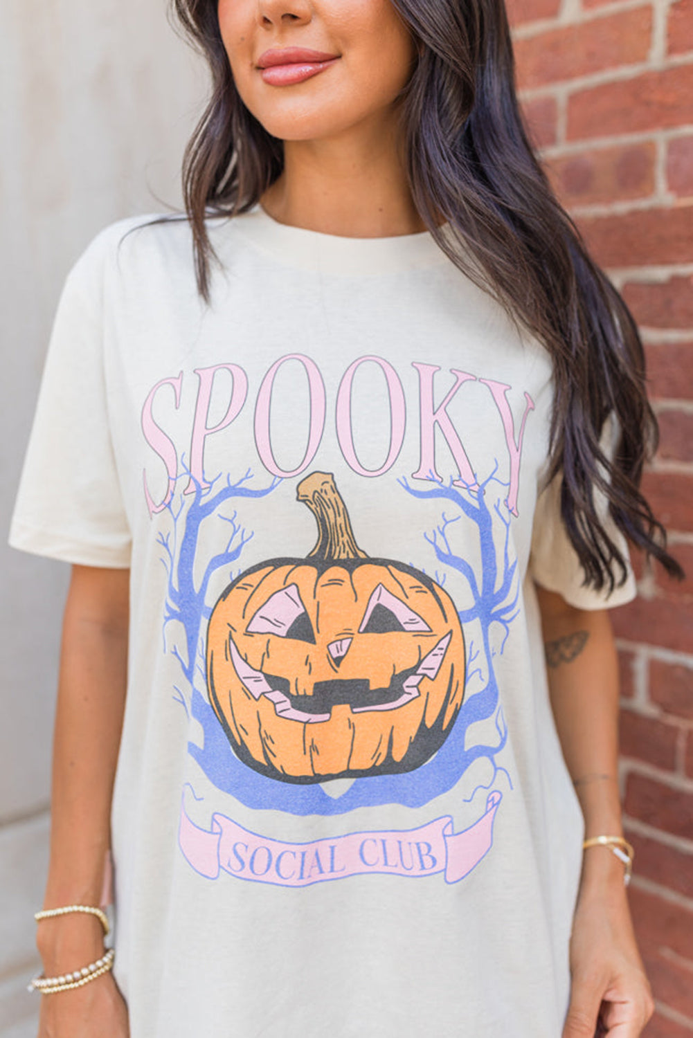 White SPOOKY Pumpkin Print Round Neck Halloween T-Shirt