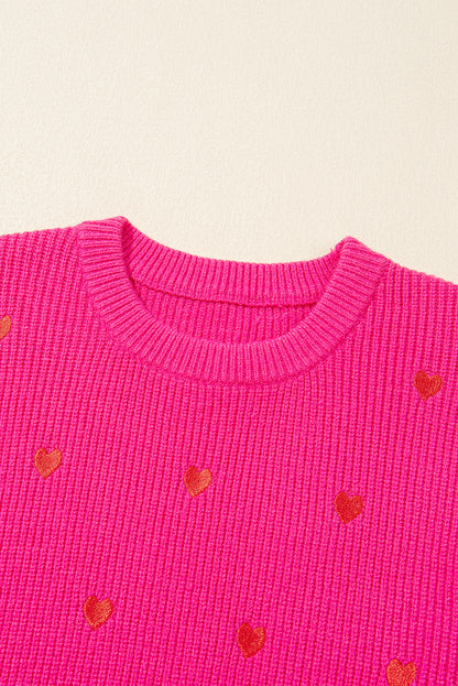 Rose Red Heart Shape Drop Shoulder Round Neck Sweater