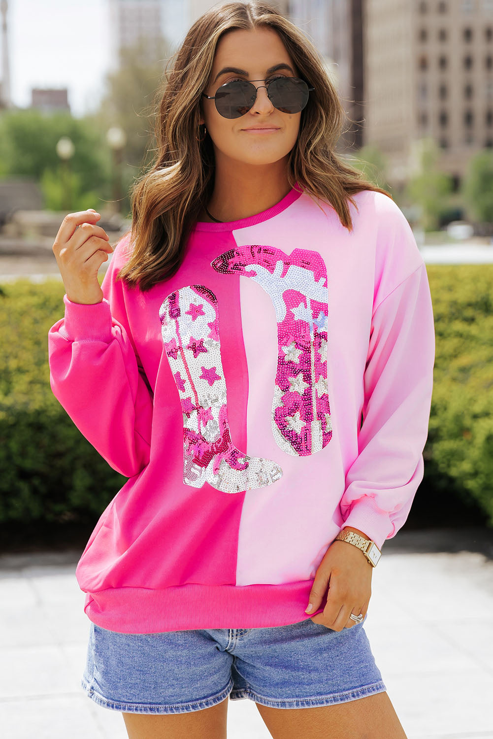 Pink Color Block Sequined Cowgirl Boots Graphic Sweatshirt