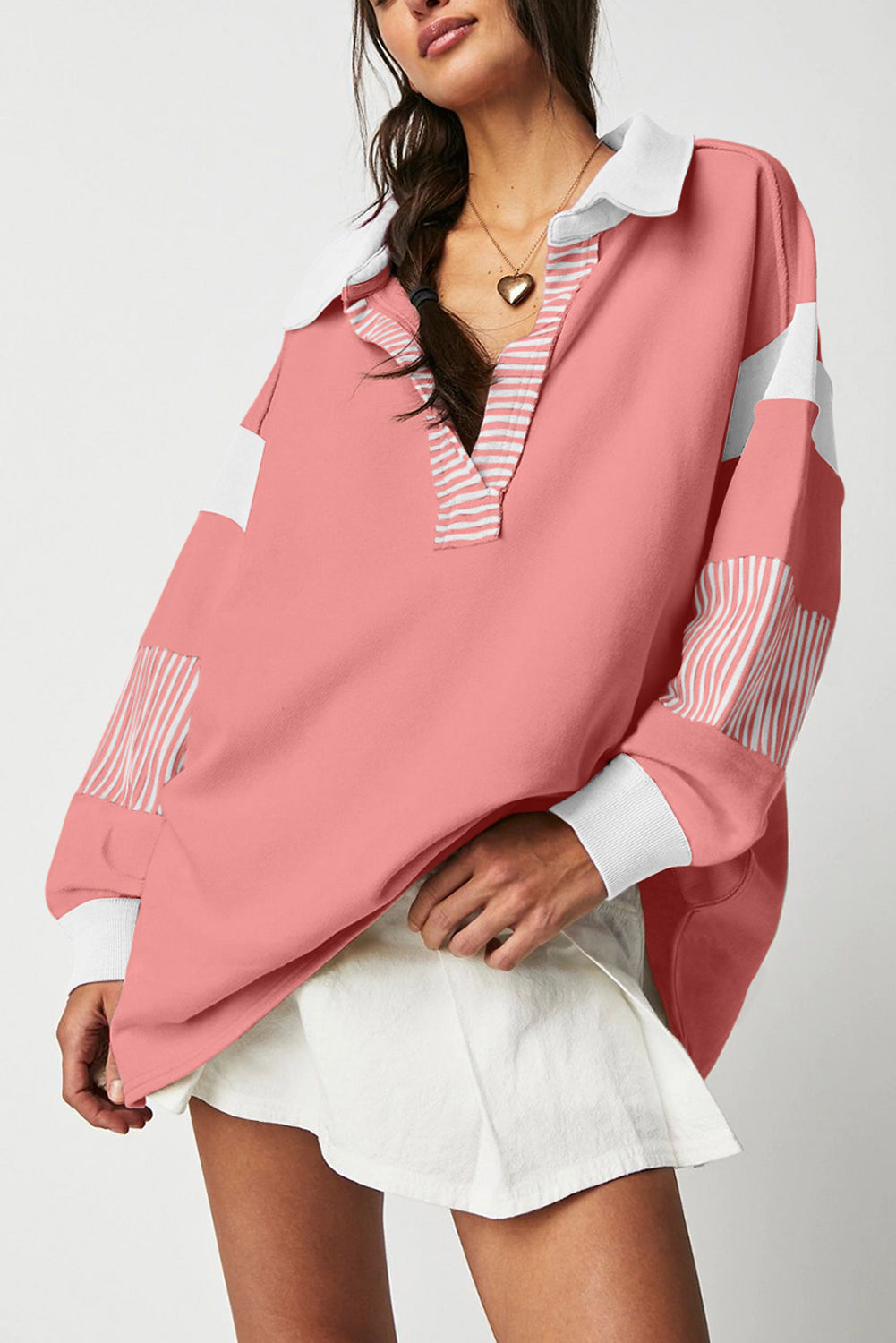 Casual Striped Colorblock Patchwork Collar Sweatshirt