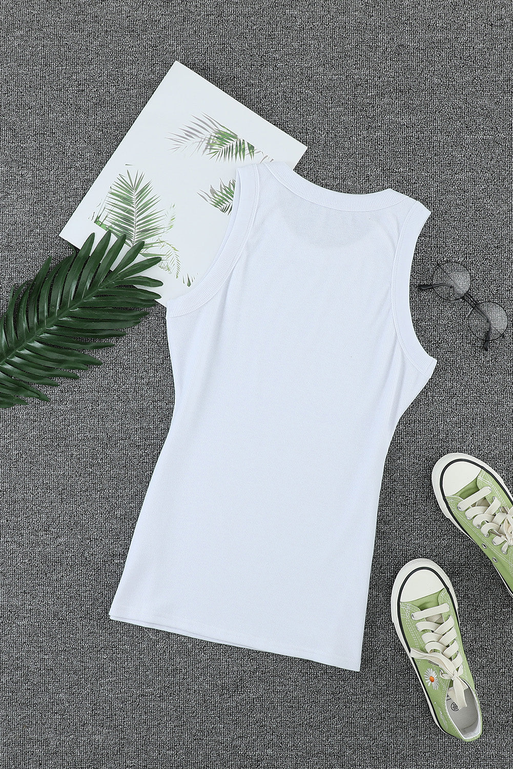 Solid White Round Neck Ribbed Tank Top