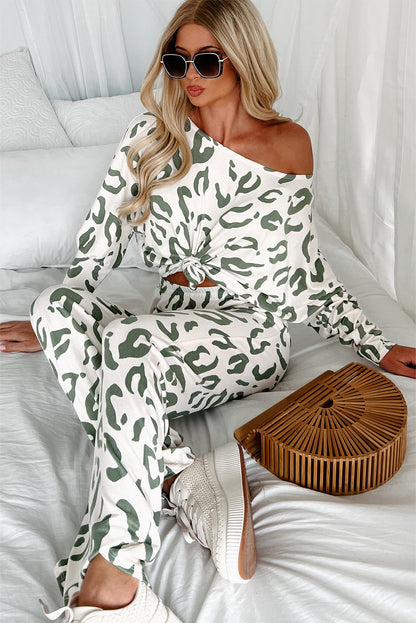 Beige Leopard Animal Print Long Sleeve and Pants Loungewear Set