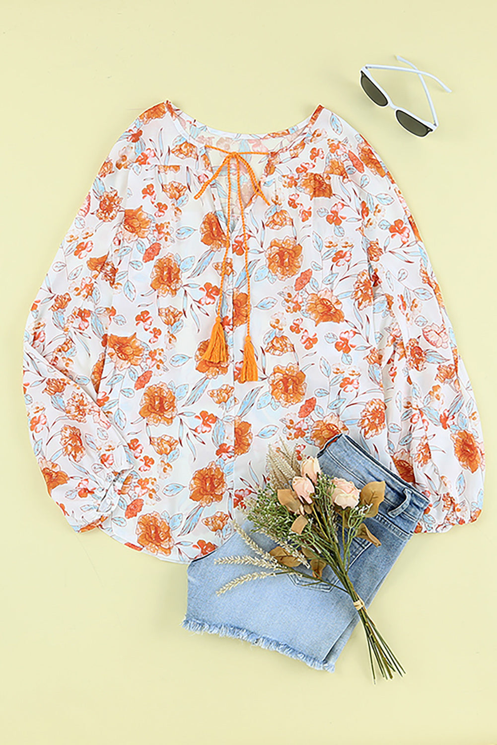 Orange Split V Neck Floral Print Dolman Blouse