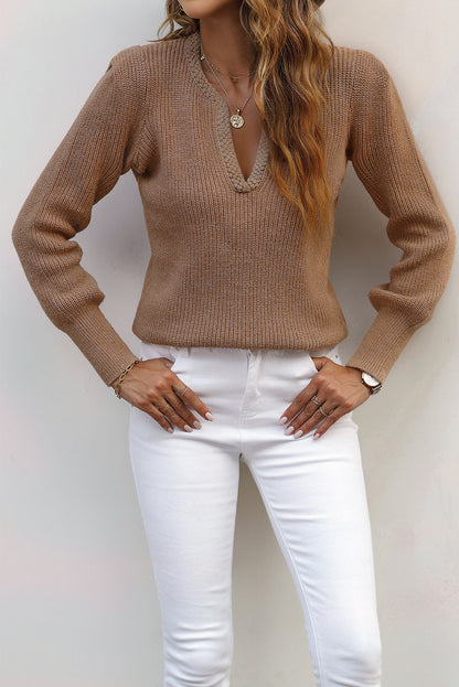 Brown Braided Notched V-Neckline Puff Sleeve Knitted Sweater