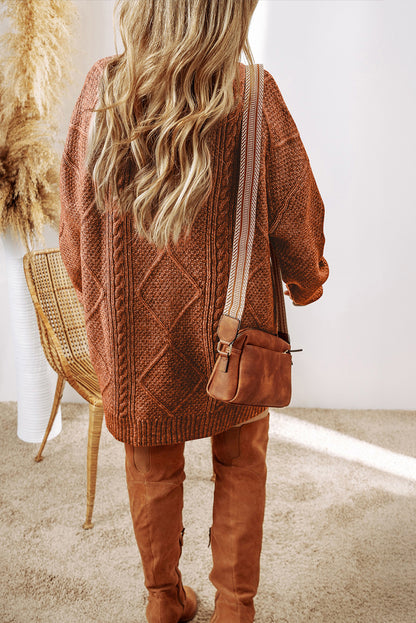 Coffee Cable Knit Drop Shoulder Loose Fit Sweater Dress