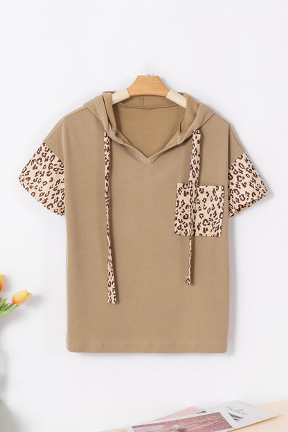 Khaki Leopard Patchwork Drawstring Hooded T Shirt