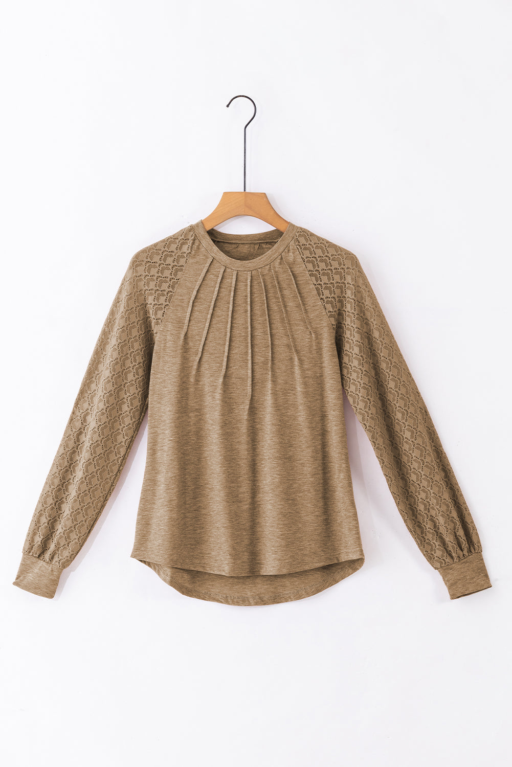 Light French Beige Contrast Lace Raglan Sleeve Plicate Round Neck Top