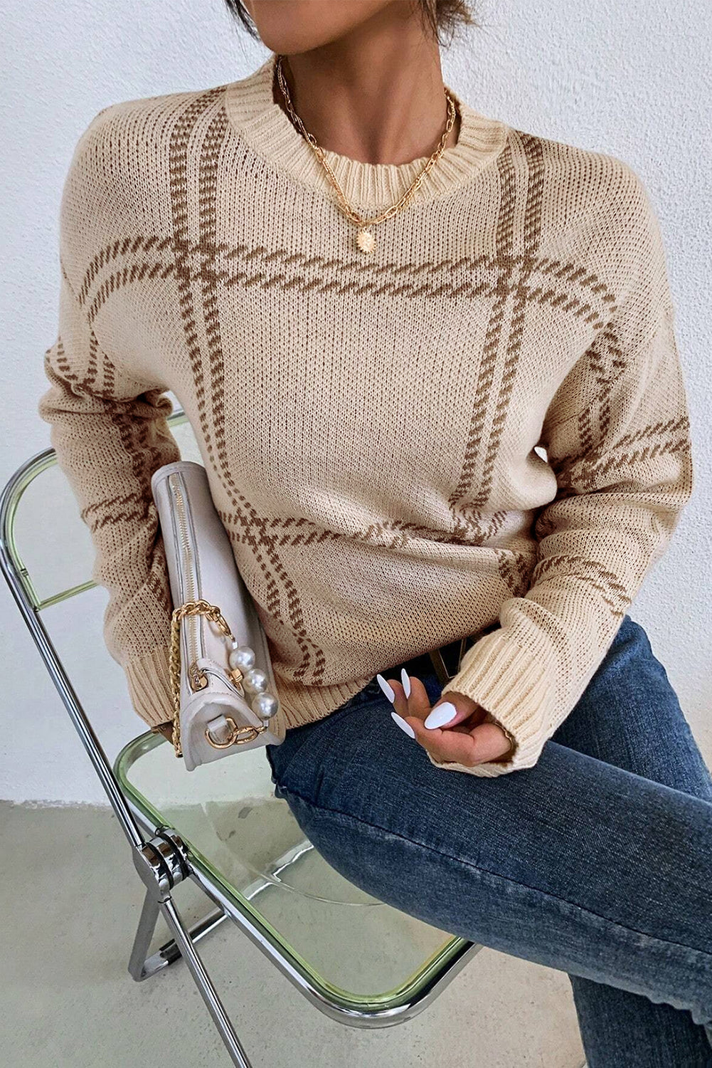 Khaki Plaid Pattern Knitted Drop Shoulder Sweater