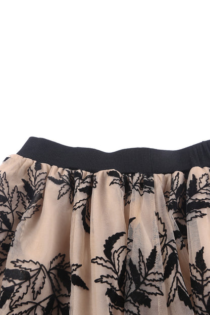 Apricot Floral Leaves Embroidered High Waist Maxi Skirt