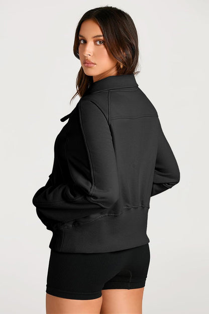 Black Quarter Zip Stand Neck Kangaroo Pocket Sweatshirt