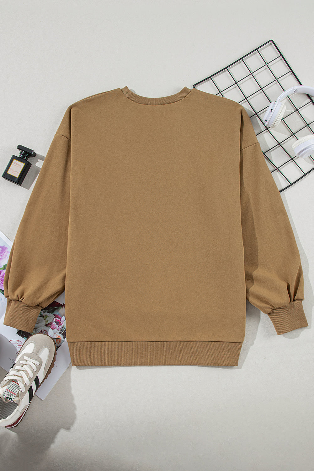 Brown Solid O Neck High Low Hem Pullover Sweatshirt