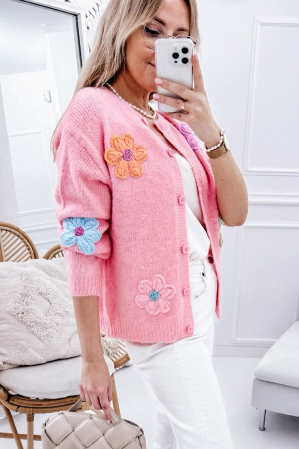 Pink Cute Knitted Floral Pattern Button Up Cardigan