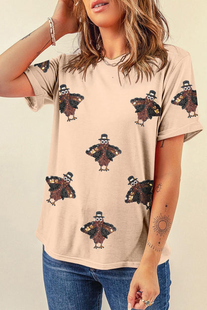 Khaki Sequined Turkey Patched Pattern Crewneck Thanksgiving T-Shirt