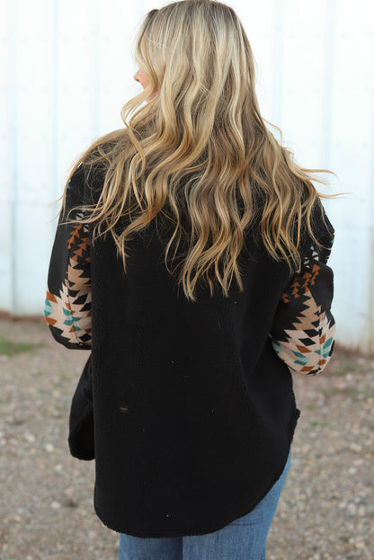 Black Western Aztec Print Accent Fleece Shacket