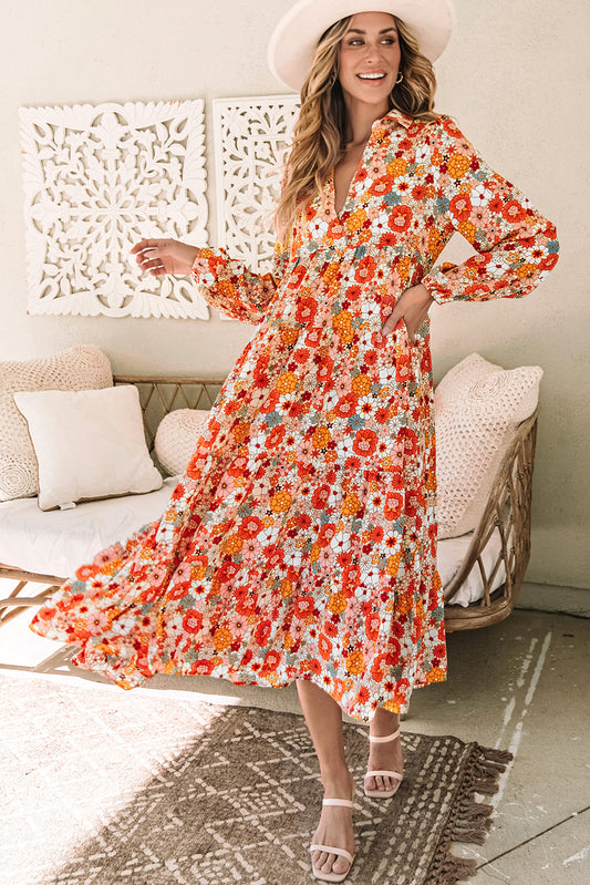 Multicolor Boho Floral Collared Long Sleeve Ruffled Midi Dress