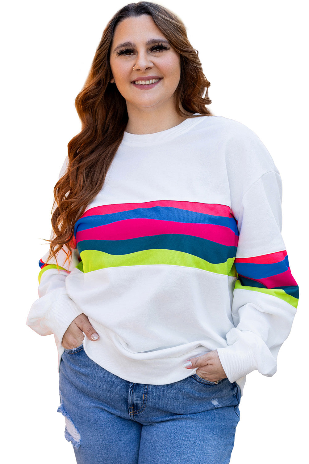 White Plus Size Colorful Striped Drop Shoulder Loose Sweatshirt