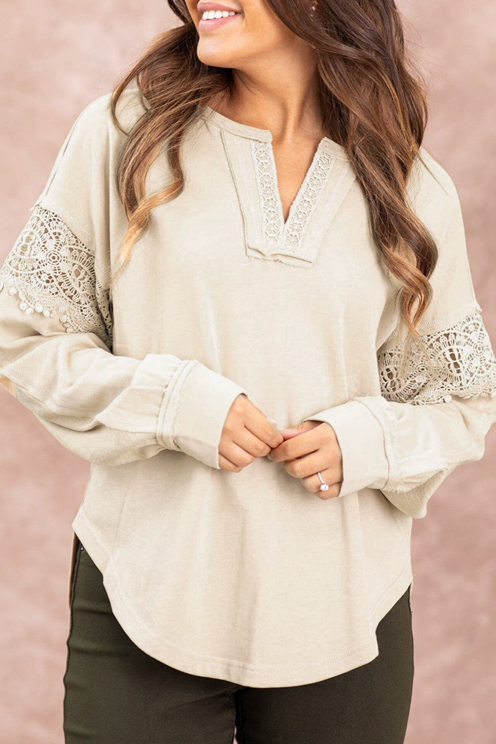 Oatmeal Notched Neck Crochet Insert Round Hem Sweatshirt