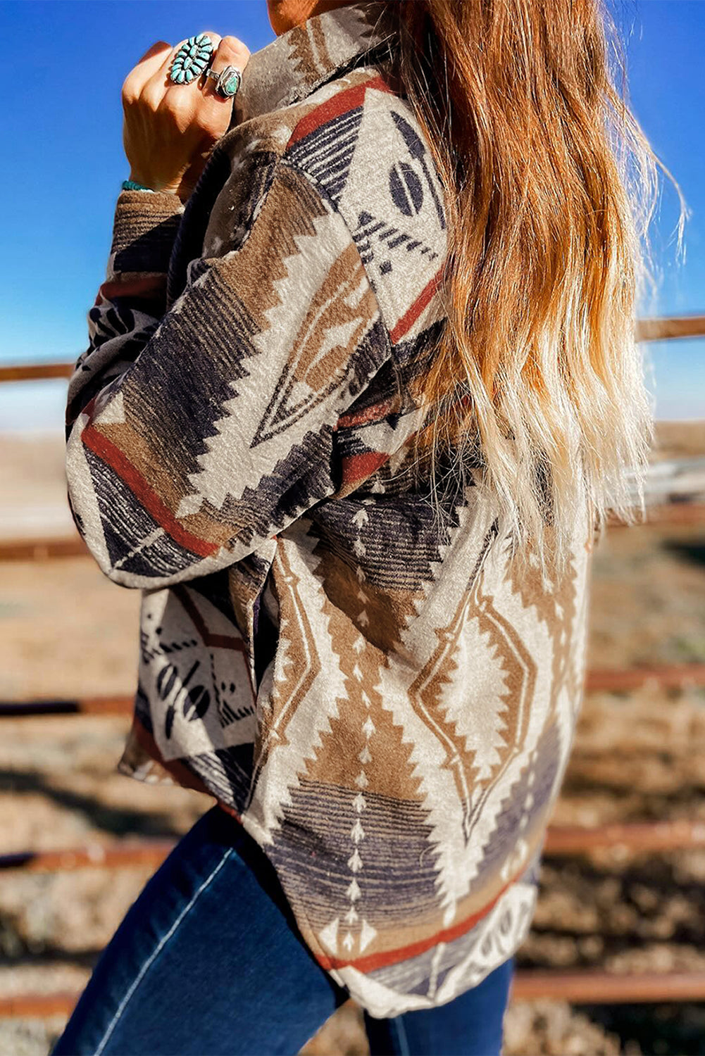 Brown Western Aztec Collared Button-up Sweatshirt