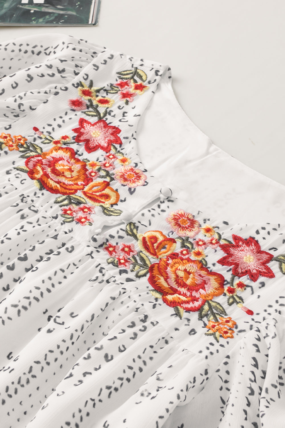 White Floral Embroidered Ethnic Printed Crinkle Blouse